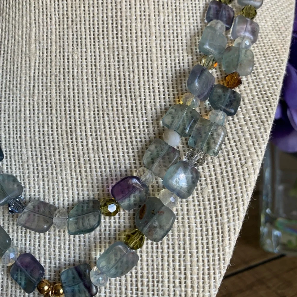 Handmade geode, amethyst, fluorite, & Swarovski crystal double strand necklace - Picture 8 of 8